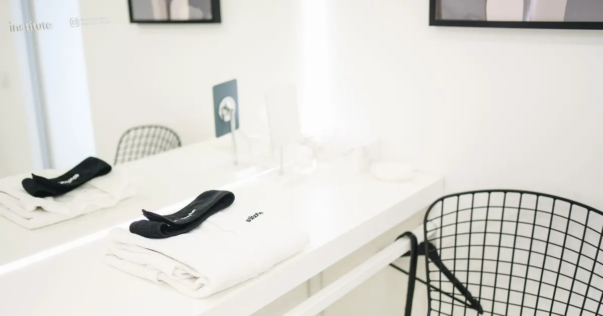 Quầy lễ tân spa nhỏ với khăn xếp gọn và lọ tinh dầu cạnh cửa sổ